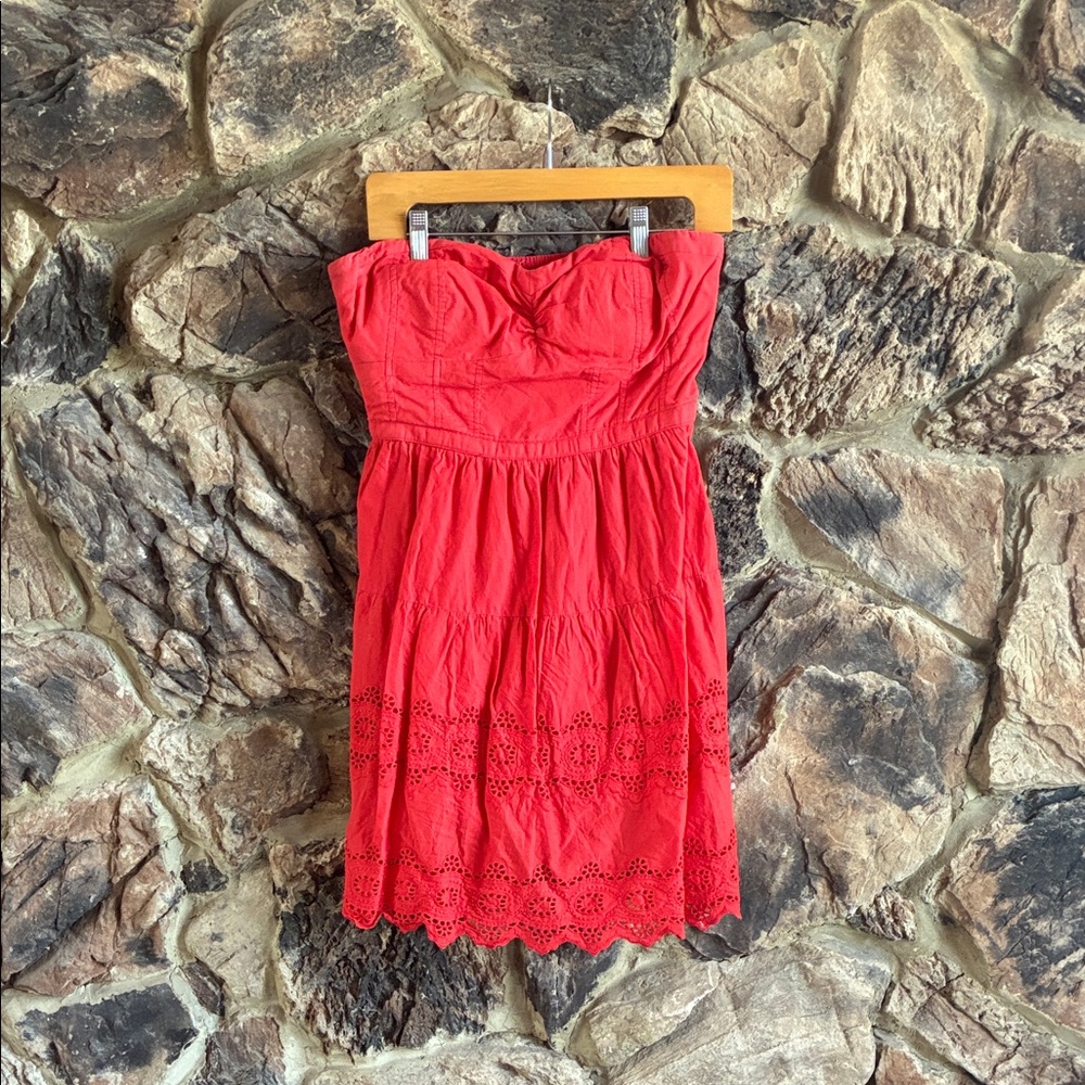 Coral Strapless Dress with Eyelet Hem